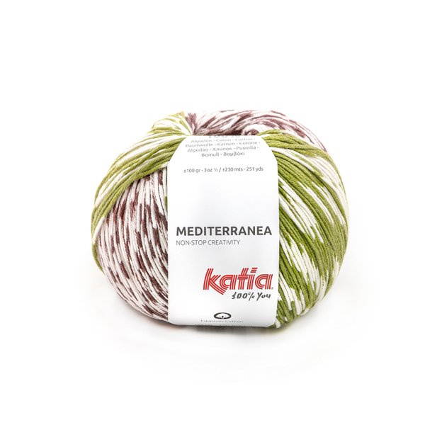 Katia Mediterranea Baumwollgarn mit bunten Farbtupfern auf weiß Farbe 301 pistaziengrün-bordeauxviolett-orange
